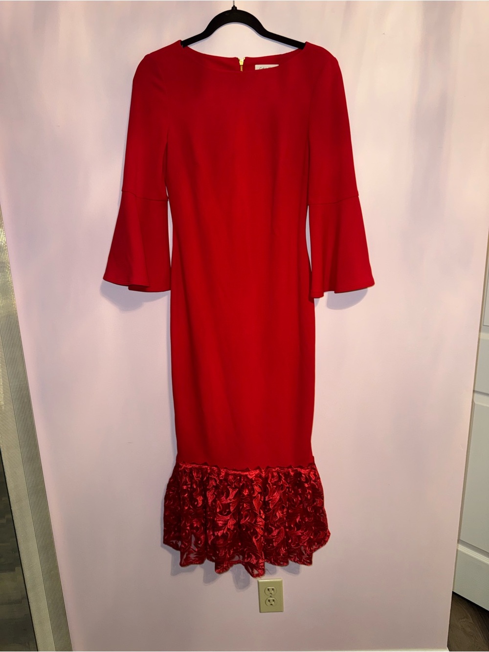 Calvin Klein Red Bell-Sleeve Midi Dress with Custom Ruffle Hem